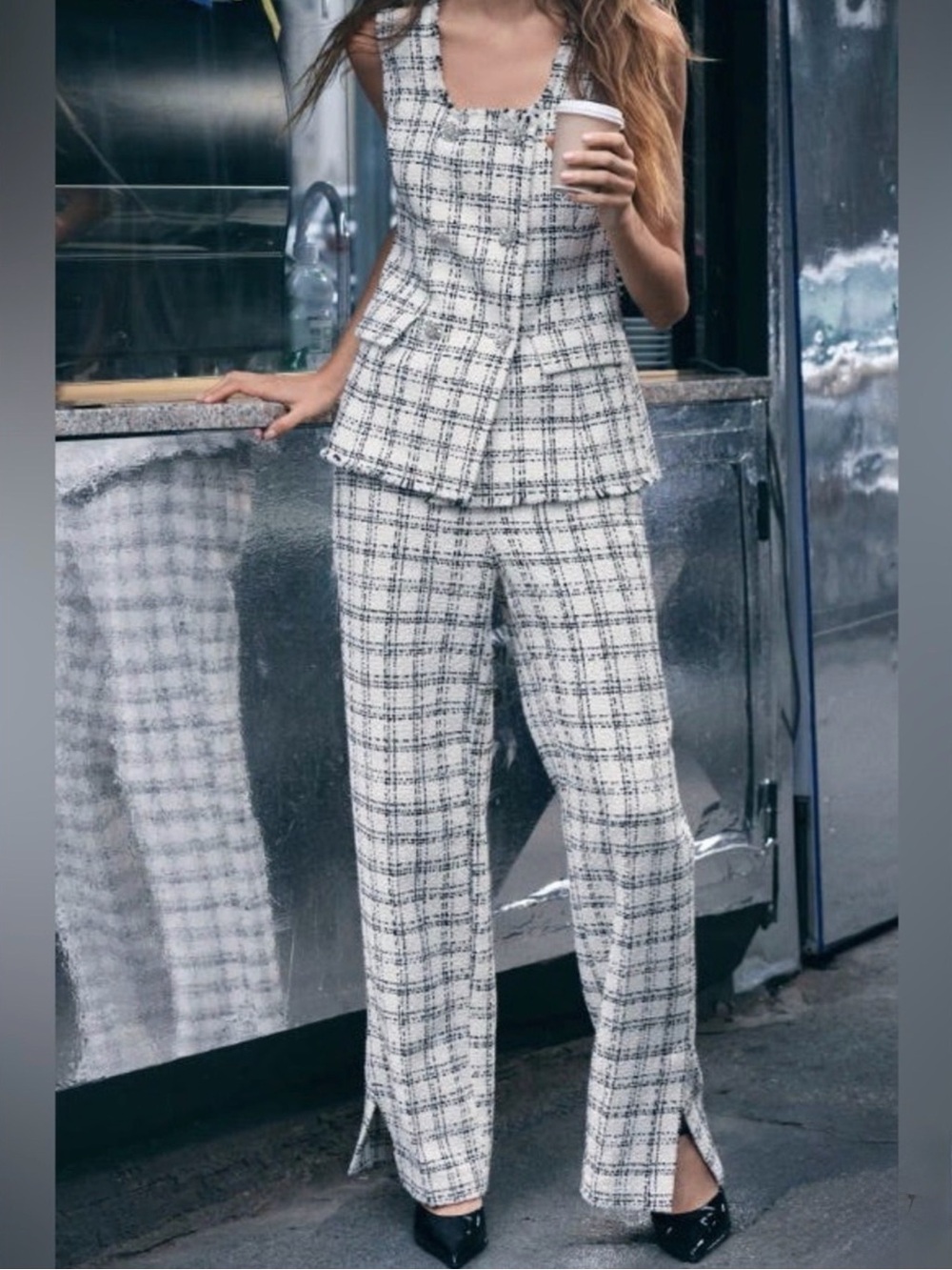 Zara White & Black Plaid Tweed Pantsuit - Sleeveless Peplum Top 2pieces set